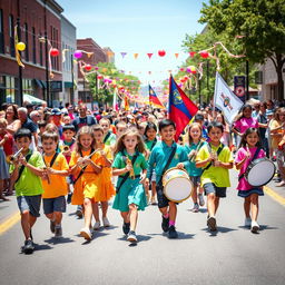 A vibrant and energetic scene featuring the South Park Elementary School Marching Band during a parade