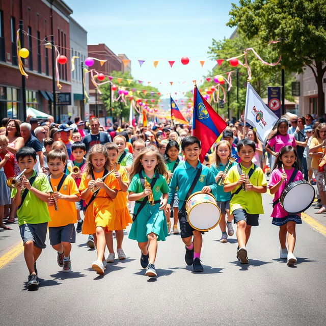 A vibrant and energetic scene featuring the South Park Elementary School Marching Band during a parade