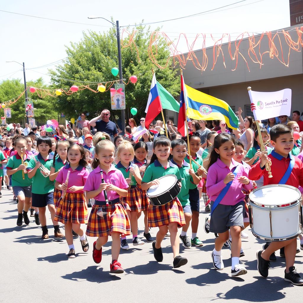 A vibrant and energetic scene featuring the South Park Elementary School Marching Band during a parade