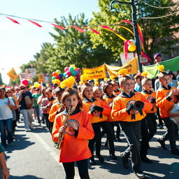 A vibrant and energetic scene showcasing the South Park School Marching Band during a festive parade