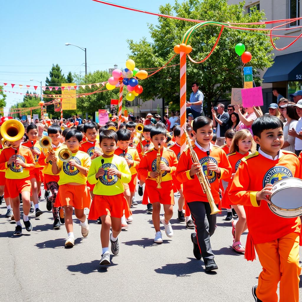 A vibrant and energetic scene showcasing the South Park School Marching Band during a festive parade