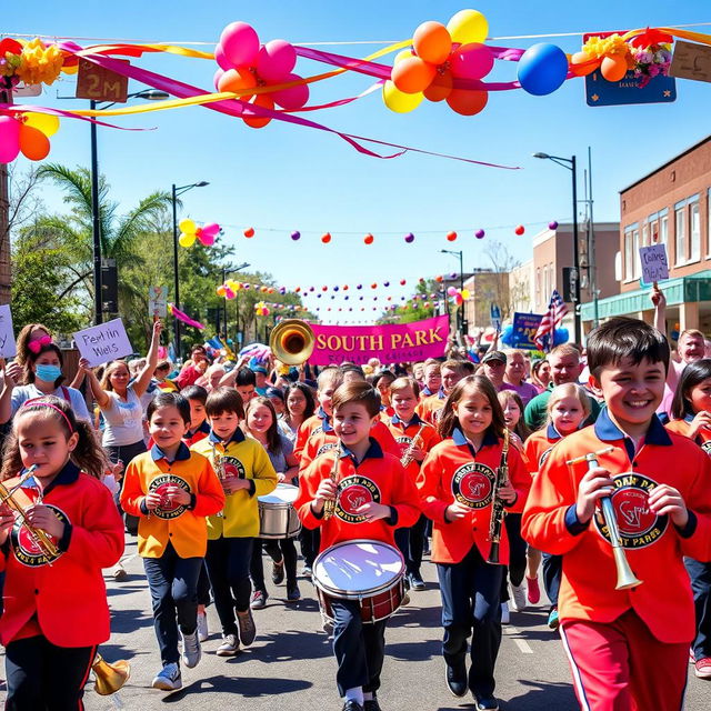 A vibrant and energetic scene showcasing the South Park School Marching Band during a festive parade