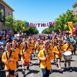 A vibrant and energetic scene showcasing the South Park School Marching Band during a festive parade