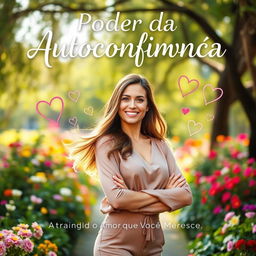 A beautiful and inspiring book cover for 'O Poder da Autoconfiança: Atraindo o Amor que Você Merece', showcasing a confident woman standing in a lush garden, with her head held high and a gentle smile that radiates self-love