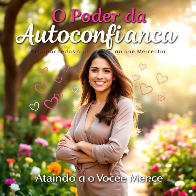 A beautiful and inspiring book cover for 'O Poder da Autoconfiança: Atraindo o Amor que Você Merece', showcasing a confident woman standing in a lush garden, with her head held high and a gentle smile that radiates self-love