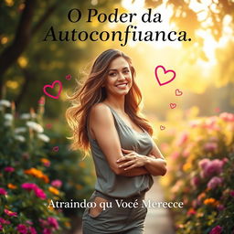 A beautiful and inspiring book cover for 'O Poder da Autoconfiança: Atraindo o Amor que Você Merece', showcasing a confident woman standing in a lush garden, with her head held high and a gentle smile that radiates self-love