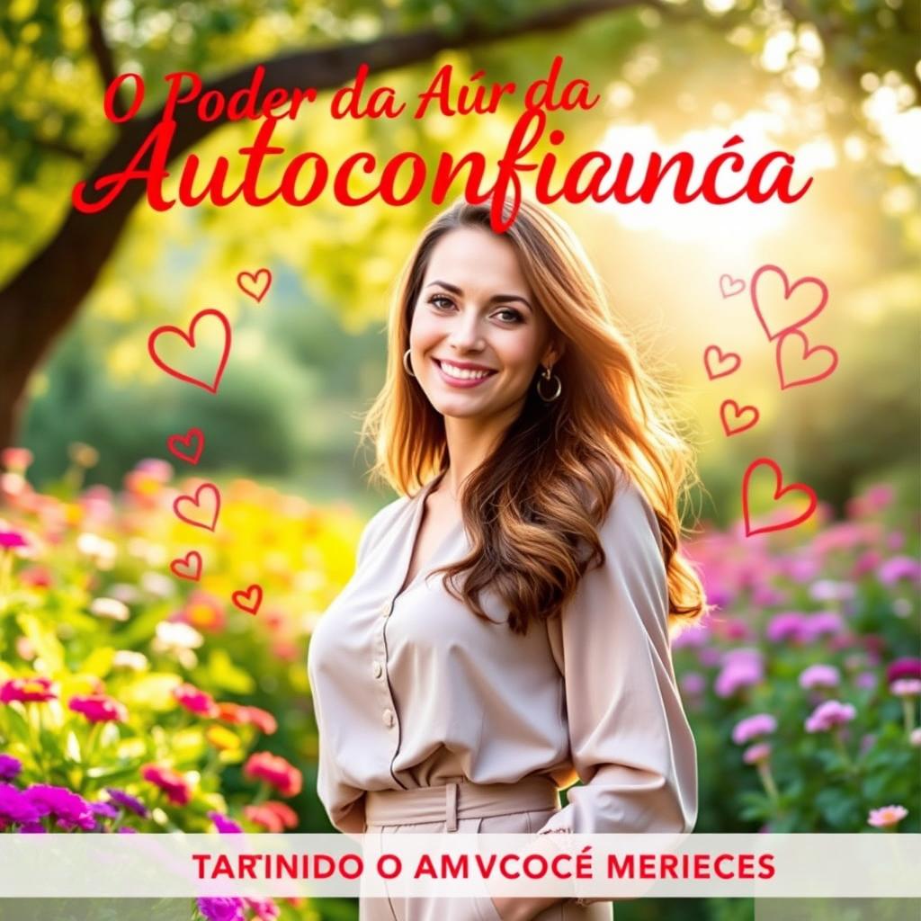 A beautiful and inspiring book cover for 'O Poder da Autoconfiança: Atraindo o Amor que Você Merece', showcasing a confident woman standing in a lush garden, with her head held high and a gentle smile that radiates self-love