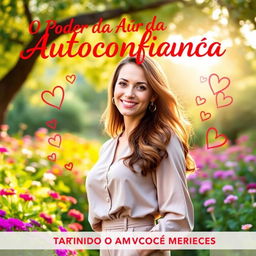 A beautiful and inspiring book cover for 'O Poder da Autoconfiança: Atraindo o Amor que Você Merece', showcasing a confident woman standing in a lush garden, with her head held high and a gentle smile that radiates self-love