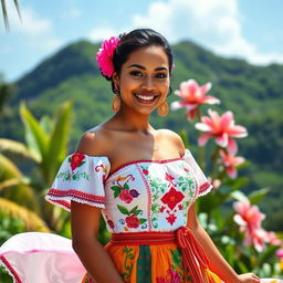 A beautiful Dominican Republic woman wearing a traditional dress with vibrant colors, displayed against a picturesque backdrop of lush greenery and tropical flowers