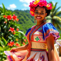 A beautiful Dominican Republic woman wearing a traditional dress with vibrant colors, displayed against a picturesque backdrop of lush greenery and tropical flowers