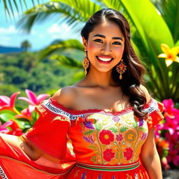 A beautiful Dominican Republic woman wearing a traditional dress with vibrant colors, displayed against a picturesque backdrop of lush greenery and tropical flowers