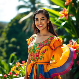 A beautiful Dominican Republic woman wearing a traditional dress with vibrant colors, displayed against a picturesque backdrop of lush greenery and tropical flowers
