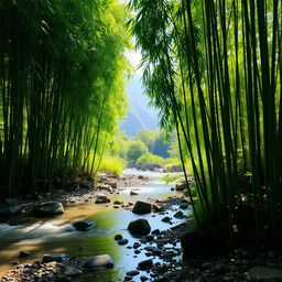 A serene landscape featuring a dense grove of lush green bamboo swaying gently in the breeze, sunlight filtering through the tall stems, casting playful shadows on the ground