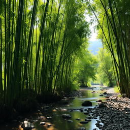 A serene landscape featuring a dense grove of lush green bamboo swaying gently in the breeze, sunlight filtering through the tall stems, casting playful shadows on the ground