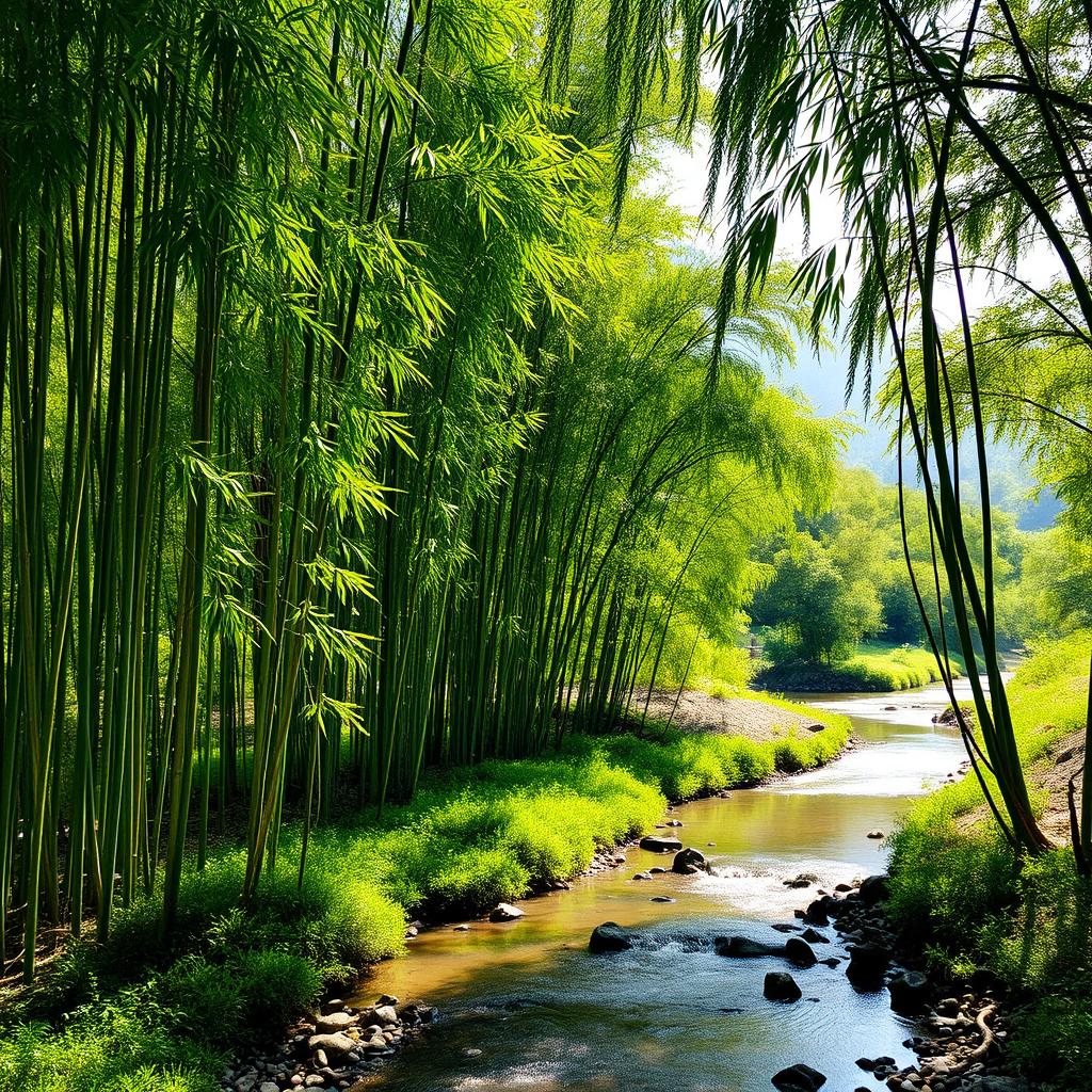 A serene landscape featuring a dense grove of lush green bamboo swaying gently in the breeze, sunlight filtering through the tall stems, casting playful shadows on the ground