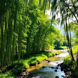 A serene landscape featuring a dense grove of lush green bamboo swaying gently in the breeze, sunlight filtering through the tall stems, casting playful shadows on the ground