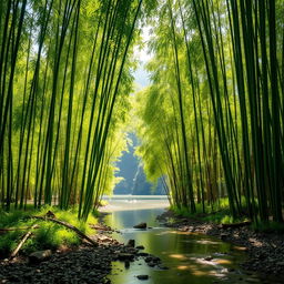 A serene landscape featuring a dense grove of lush green bamboo swaying gently in the breeze, sunlight filtering through the tall stems, casting playful shadows on the ground