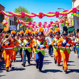 A lively and colorful scene depicting the South Park Marching Band as they participate in a vibrant parade