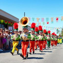 A lively and colorful scene depicting the South Park Marching Band as they participate in a vibrant parade