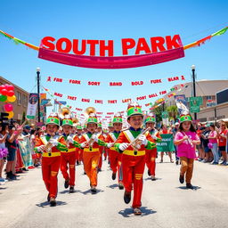 A lively and colorful scene depicting the South Park Marching Band as they participate in a vibrant parade