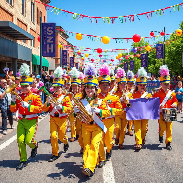 A lively and colorful scene depicting the South Park Marching Band as they participate in a vibrant parade