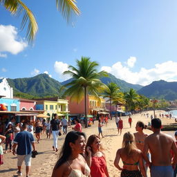 A beautiful Dominican landscape showcasing vibrant culture, featuring a lively street filled with colorful colonial buildings, local artisans selling handmade crafts, and people dancing to traditional music
