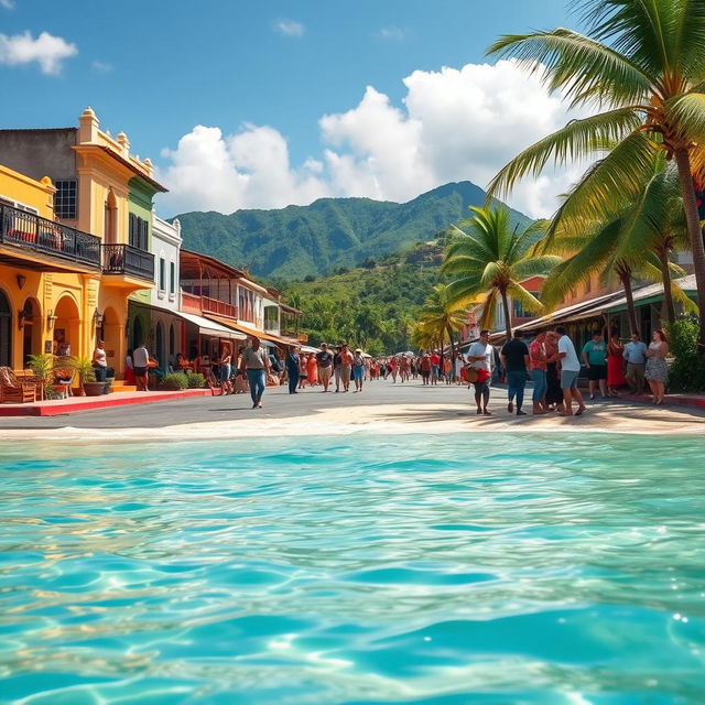 A beautiful Dominican landscape showcasing vibrant culture, featuring a lively street filled with colorful colonial buildings, local artisans selling handmade crafts, and people dancing to traditional music