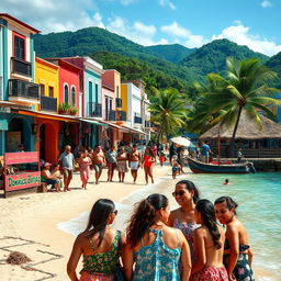 A beautiful Dominican landscape showcasing vibrant culture, featuring a lively street filled with colorful colonial buildings, local artisans selling handmade crafts, and people dancing to traditional music