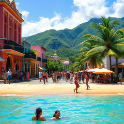 A beautiful Dominican landscape showcasing vibrant culture, featuring a lively street filled with colorful colonial buildings, local artisans selling handmade crafts, and people dancing to traditional music