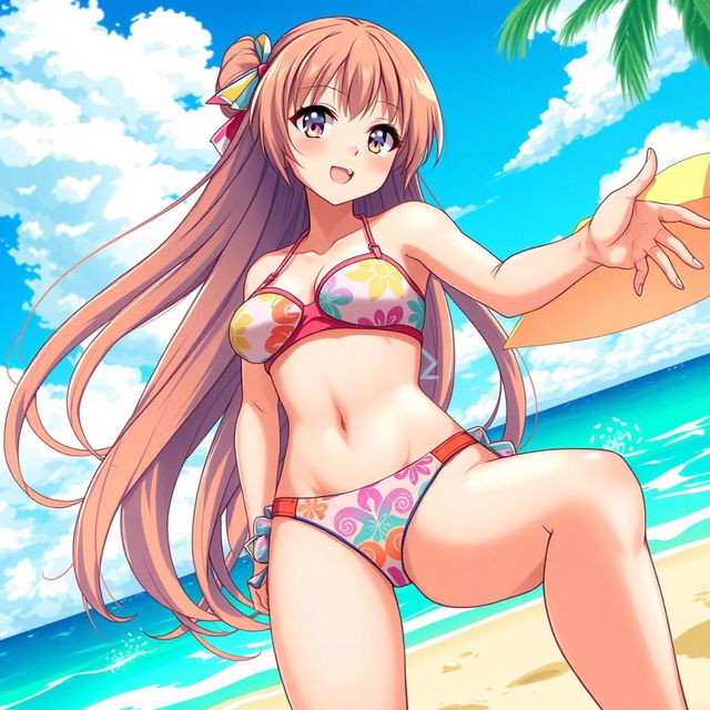 A vibrant and dynamic illustration of an anime girl confidently posing in a stylish thong