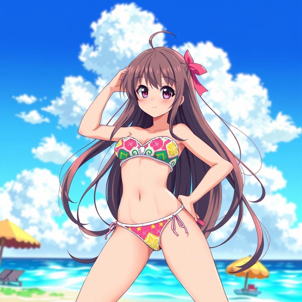 A vibrant and dynamic illustration of an anime girl confidently posing in a stylish thong