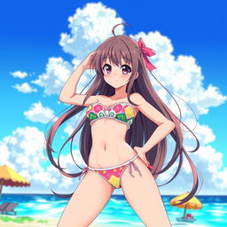 A vibrant and dynamic illustration of an anime girl confidently posing in a stylish thong