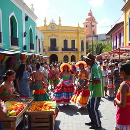A lively scene depicting Dominican culture, focusing on a colorful street festival