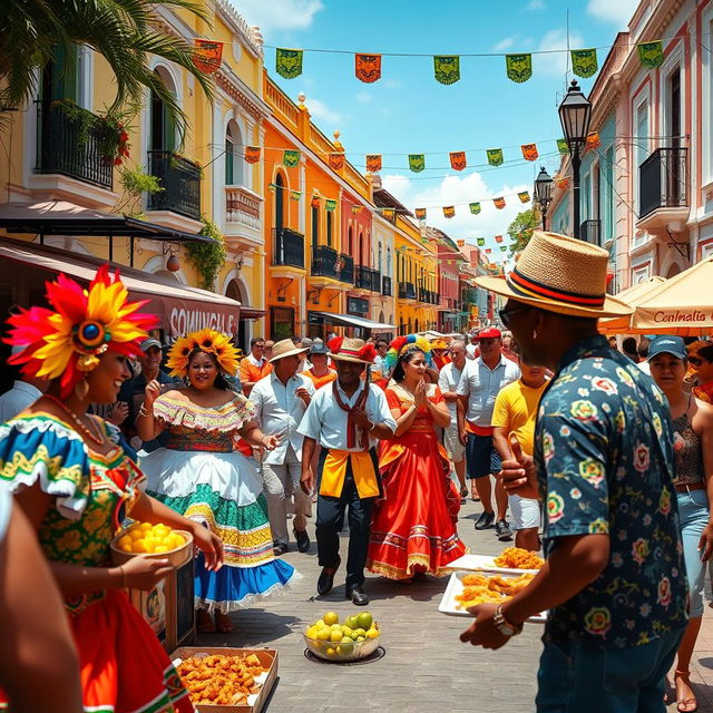 A lively scene depicting Dominican culture, focusing on a colorful street festival