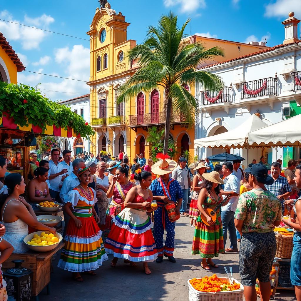 A lively scene depicting Dominican culture, focusing on a colorful street festival