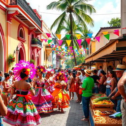 A lively scene depicting Dominican culture, focusing on a colorful street festival