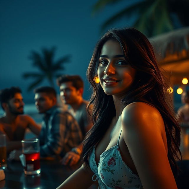 Sensual depiction of an Indian girl resembling Nushrat Bharucha, enjoying a captivating evening at a beach shack in Goa under a starry night sky