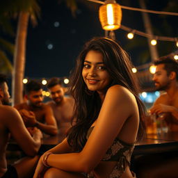 Sensual depiction of an Indian girl resembling Nushrat Bharucha, enjoying a captivating evening at a beach shack in Goa under a starry night sky