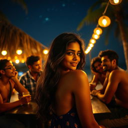 Sensual depiction of an Indian girl resembling Nushrat Bharucha, enjoying a captivating evening at a beach shack in Goa under a starry night sky
