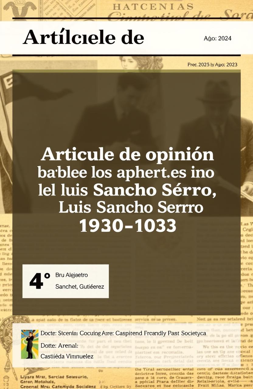A magazine cover design for an opinion article, featuring the title "Artículo de opinión sobre los aspectos del gobierno de Luis Sancho Serro 1930-1933" prominently displayed in the center
