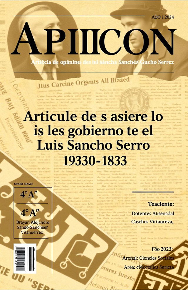 A magazine cover design for an opinion article, featuring the title "Artículo de opinión sobre los aspectos del gobierno de Luis Sancho Serro 1930-1933" prominently displayed in the center