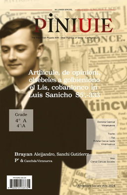 A magazine cover design for an opinion article, featuring the title "Artículo de opinión sobre los aspectos del gobierno de Luis Sancho Serro 1930-1933" prominently displayed in the center