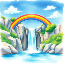 A vibrant and enchanting watercolor scene depicting a stunning waterfall cascading down rocky cliffs, surrounded by lush greenery