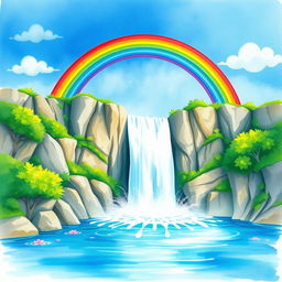 A vibrant and enchanting watercolor scene depicting a stunning waterfall cascading down rocky cliffs, surrounded by lush greenery