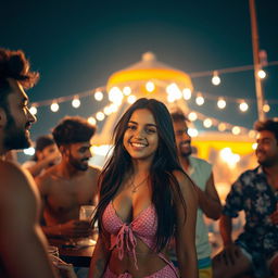 A captivating scene of an Indian cute young girl enjoying a lively vacation at a beach shack in Goa under the starry night sky