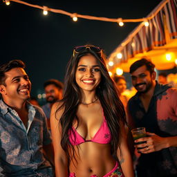 A captivating scene of an Indian cute young girl enjoying a lively vacation at a beach shack in Goa under the starry night sky