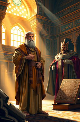 A dramatic portrayal of Daniel in the Persian Empire, depicted as a sage in royal attire, standing confidently before King Darius