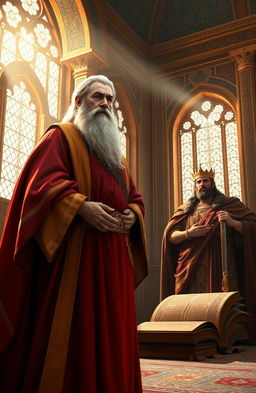 A dramatic portrayal of Daniel in the Persian Empire, depicted as a sage in royal attire, standing confidently before King Darius