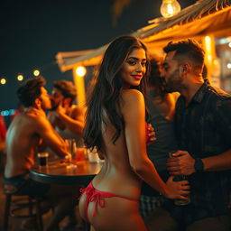 Sensual depiction of an Indian girl inspired by Nushrat Bharucha, enjoying a lively and romantic evening at a beach shack in Goa under the twinkling night sky