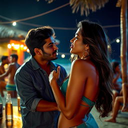 Sensual depiction of an Indian girl inspired by Nushrat Bharucha, enjoying a lively and romantic evening at a beach shack in Goa under the twinkling night sky